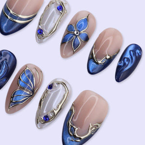 Blue Chrome Press On Nails with Flower, Butterfly Wing & Gold | Medium Almond Fake Nails | Handmade Nails Art for Prom, Wedding Or Gift