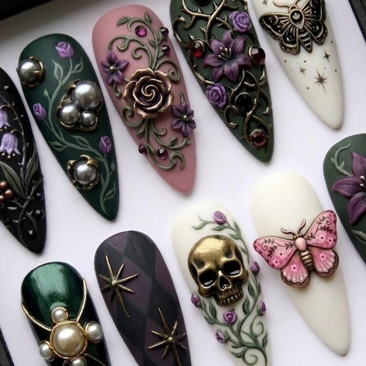 Gothic Fantasy Press On Nails | Dark Vintage Almond Nails | Skull Moth Floral Nail | Handcrafted 3D Nail | Edgy Alternative Nail image 2