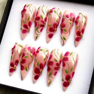 Romantic Pink Floral Press On - Hand Painted Cherry Blossom Nail Art, Fake Nails V370 image 2