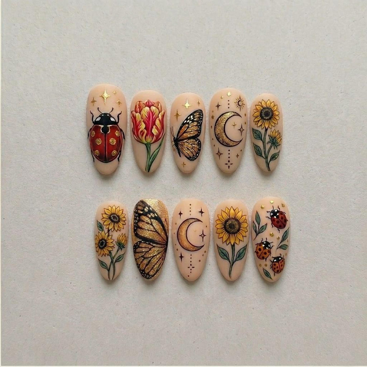 Ladybug Sunflower Butterfly Nails Design, Nude Gold Celestial Nails, Spring Summer Floral Nail Set, Handmade Nails image 1