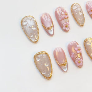 3D pink flower nails/press on nails long almond nails/Elegant nails/Gold chrome nails/Glitter cat eye nails/3D Gel nails/Birthday nails image 3