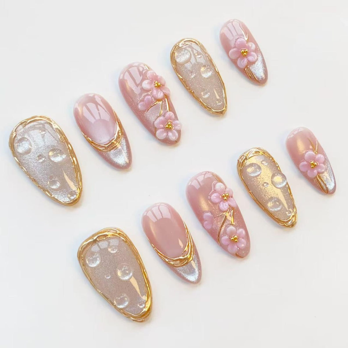 3D pink flower nails/press on nails long almond nails/Elegant nails/Gold chrome nails/Glitter cat eye nails/3D Gel nails/Birthday nails image 7