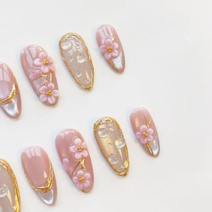 3D pink flower nails/press on nails long almond nails/Elegant nails/Gold chrome nails/Glitter cat eye nails/3D Gel nails/Birthday nails image 5