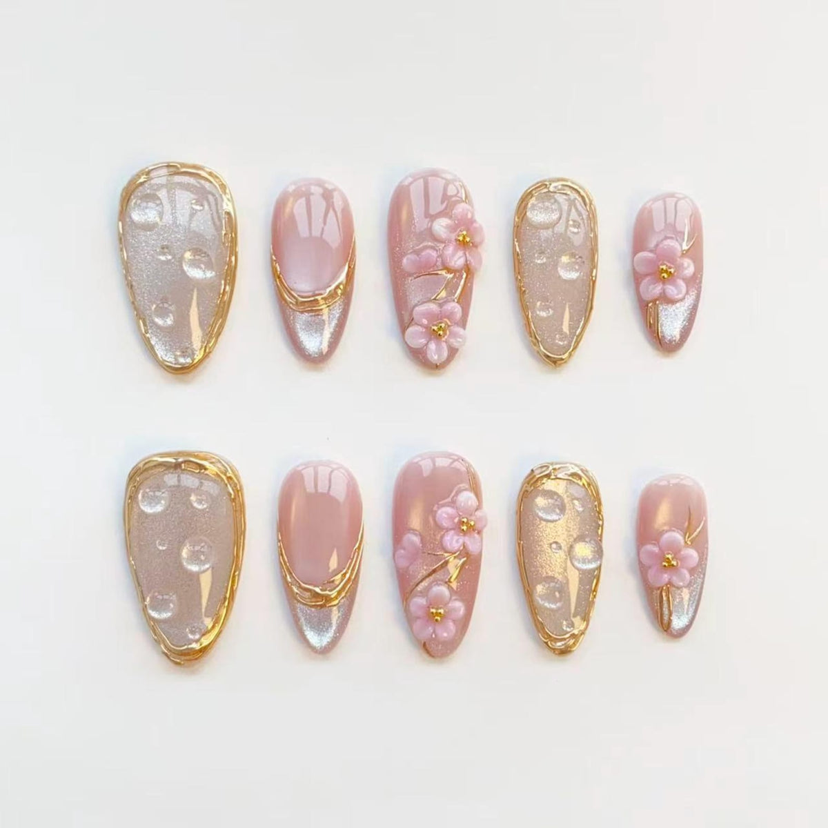 3D pink flower nails/press on nails long almond nails/Elegant nails/Gold chrome nails/Glitter cat eye nails/3D Gel nails/Birthday nails image 1