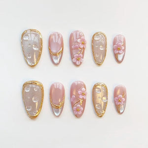3D pink flower nails/press on nails long almond nails/Elegant nails/Gold chrome nails/Glitter cat eye nails/3D Gel nails/Birthday nails image 1