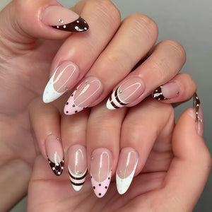 Handmade Polka Dot French Tip Nails - Brown & Pink Dot Design with Rhinestones, Almond Shape Press-On Nails image 1