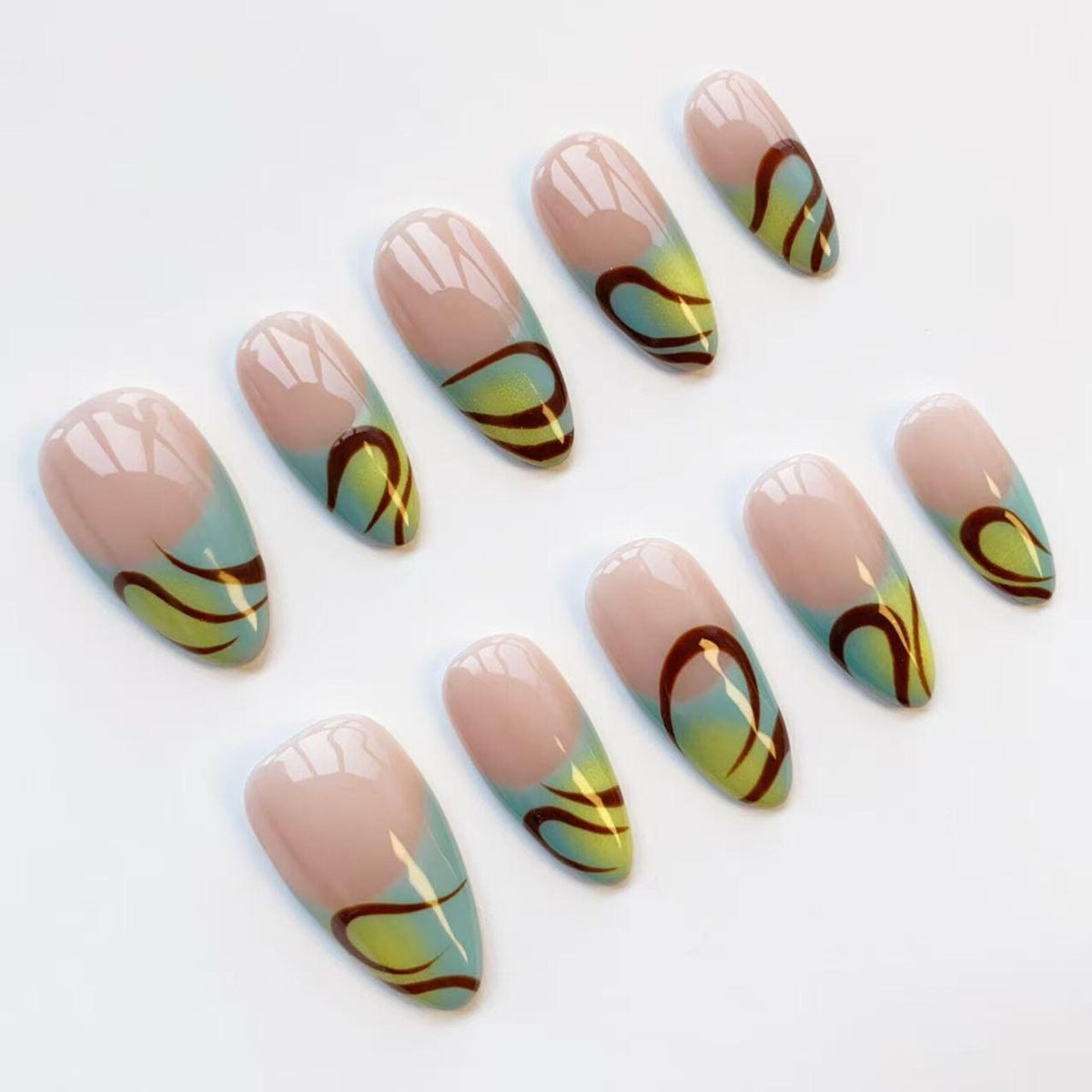 Green gradient nails/press on nails long almond nails/Spring nails/Brown striped nails/Hawaiian nails/Vacation Nails/Birthday nails image 7
