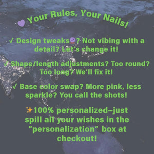 Image with text: "Your Rules, Your Nails!" and bullet points about design tweaks, shape/length adjustments, and base color swaps. It also mentions 100% personalization and a "personalization" box at checkout.