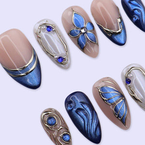 Blue Chrome Press On Nails with Flower, Butterfly Wing & Gold | Medium Almond Fake Nails | Handmade Nails Art for Prom, Wedding Or Gift