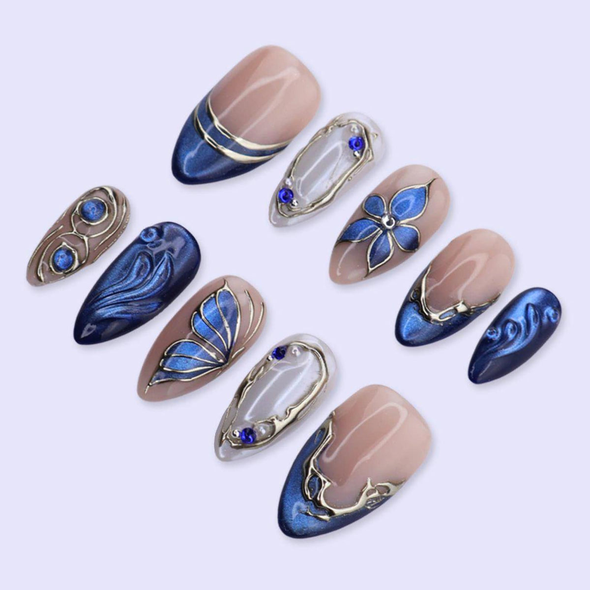 Blue Chrome Press On Nails with Flower, Butterfly Wing & Gold | Medium Almond Fake Nails | Handmade Nails Art for Prom, Wedding Or Gift