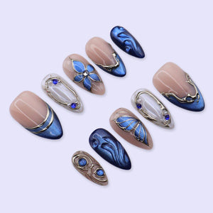 Blue Chrome Press On Nails with Flower, Butterfly Wing & Gold | Medium Almond Fake Nails | Handmade Nails Art for Prom, Wedding Or Gift