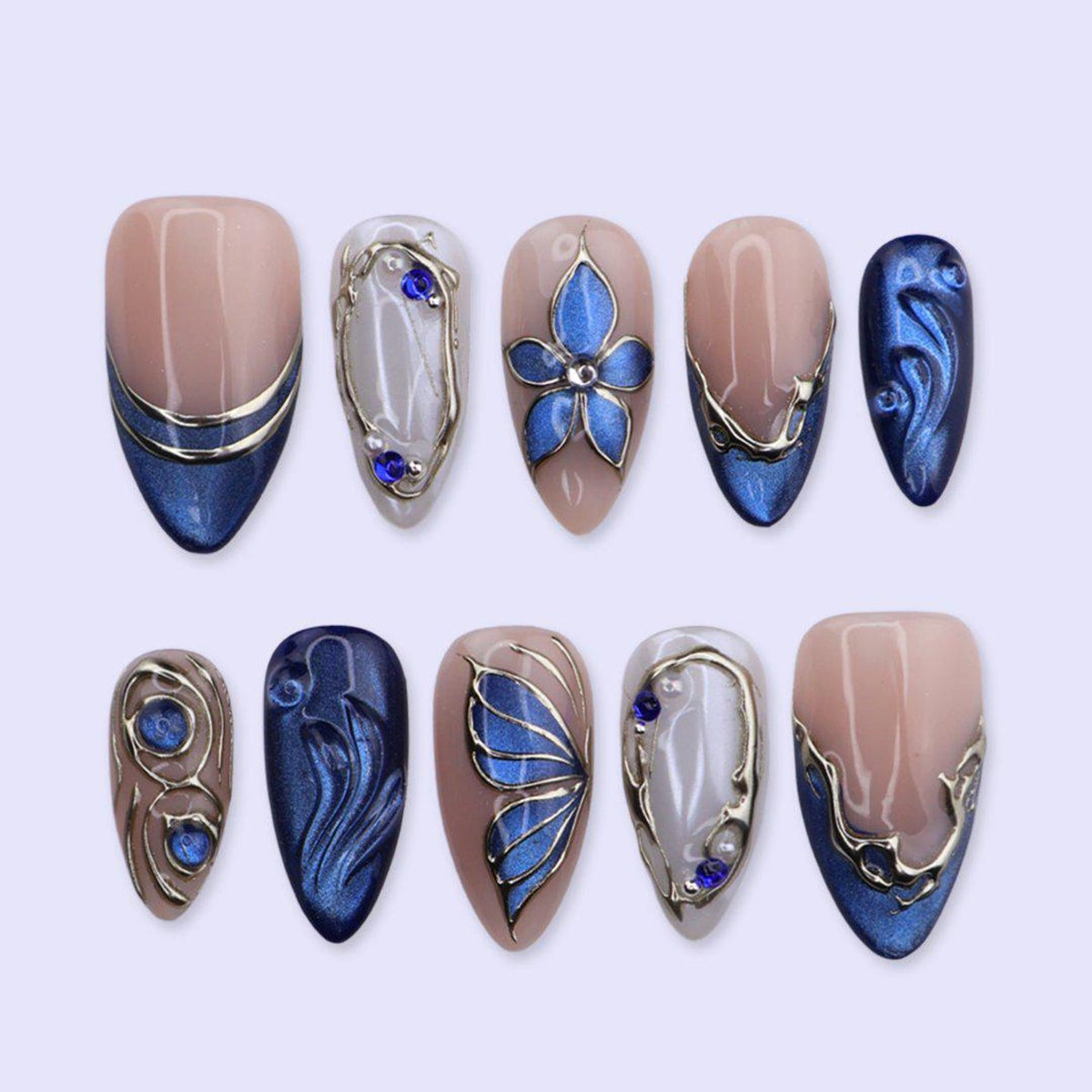 Blue Chrome Press On Nails with Flower, Butterfly Wing & Gold | Medium Almond Fake Nails | Handmade Nails Art for Prom, Wedding Or Gift