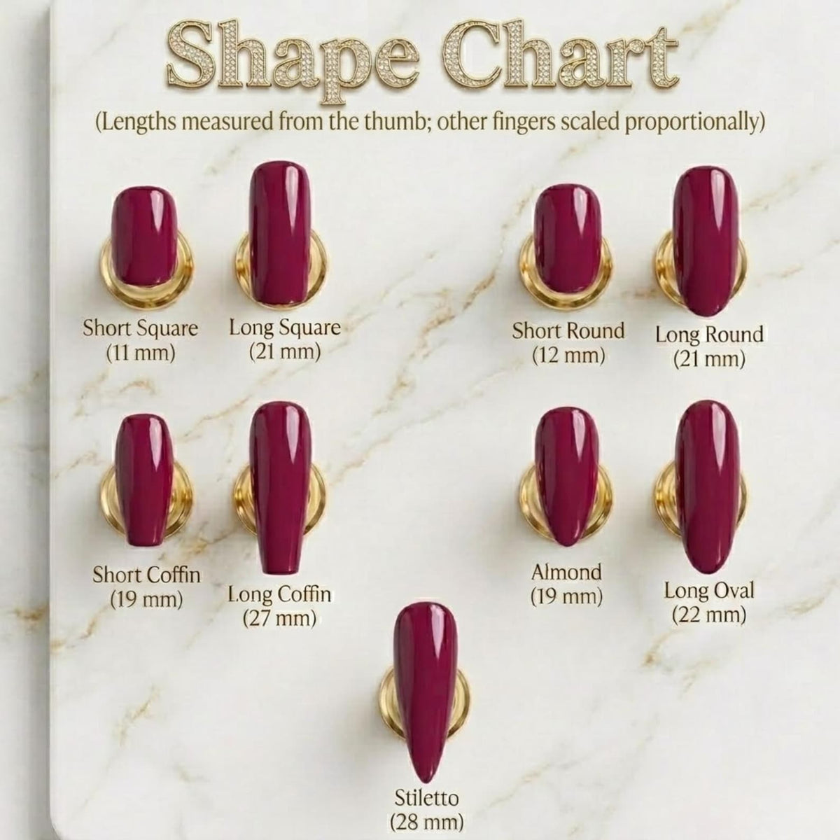 A shape chart displaying various nail shapes, including Short Square (11 mm), Long Square (21 mm), Short Round (12 mm), Long Round (21 mm), Short Coffin (19 mm), Long Coffin (27 mm), Almond (19 mm), Long Oval (22 mm), and Stiletto (28 mm).