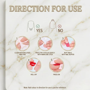 A step-by-step guide for applying artificial nails. The image shows a series of circular illustrations with instructions: clean with prep pad, press cuticles, buff nails, peel off, and press on. The text "DIRECTION FOR USE" is at the top.