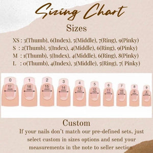 A sizing chart for press-on nails featuring text and a visual guide. It lists sizes XS through L with finger assignments and displays ten nail tips numbered 0 through 9, each labeled with its width in millimeters from 8mm to 17mm.