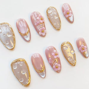 3D pink flower nails/press on nails long almond nails/Elegant nails/Gold chrome nails/Glitter cat eye nails/3D Gel nails/Birthday nails image 4