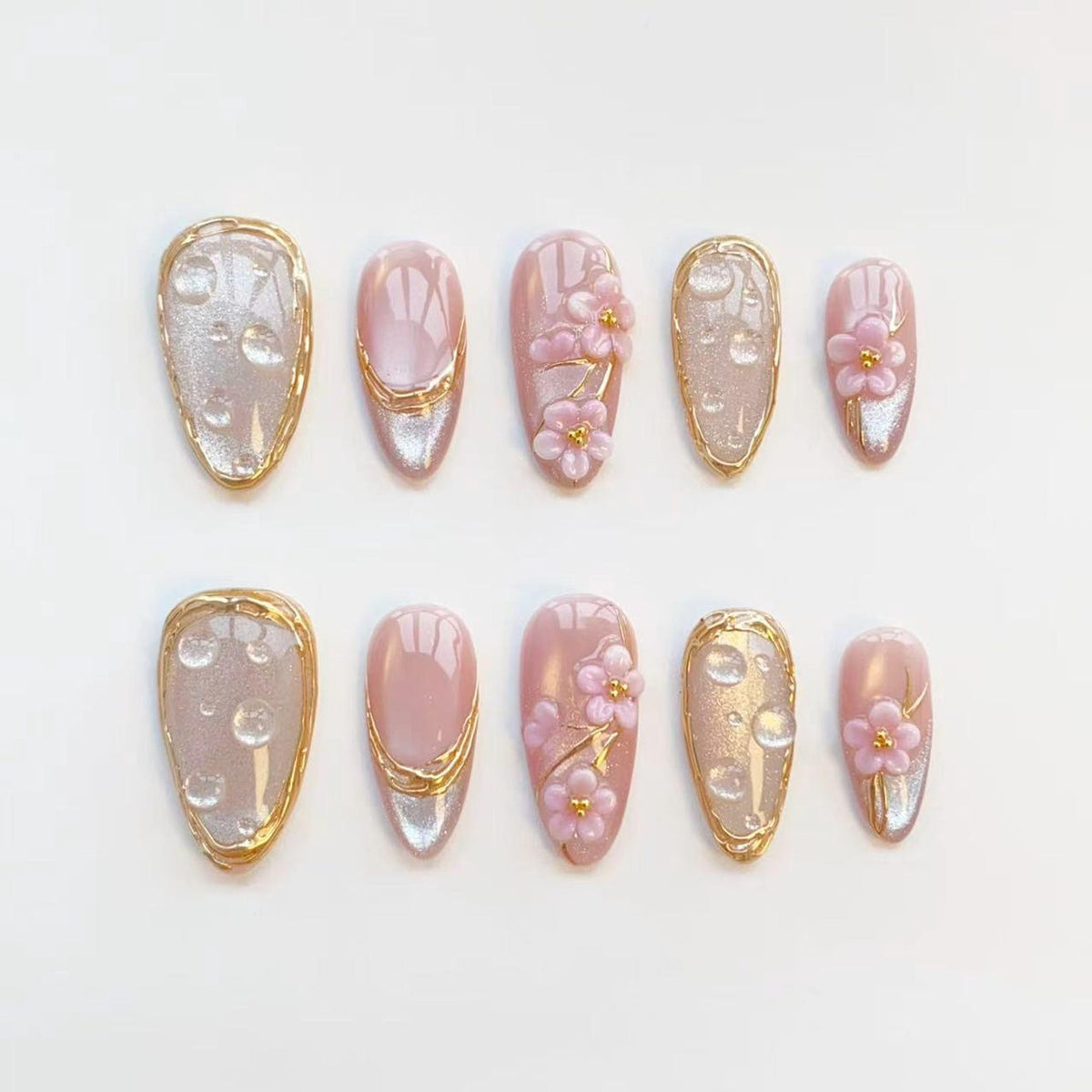 3D pink flower nails/press on nails long almond nails/Elegant nails/Gold chrome nails/Glitter cat eye nails/3D Gel nails/Birthday nails image 9
