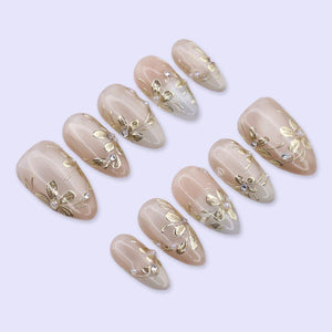 Champagne Gold Floral Press On Nails with Pearl & Rhinestone | Medium Almond Fake Nails | Elegant Prom Handmade Nails