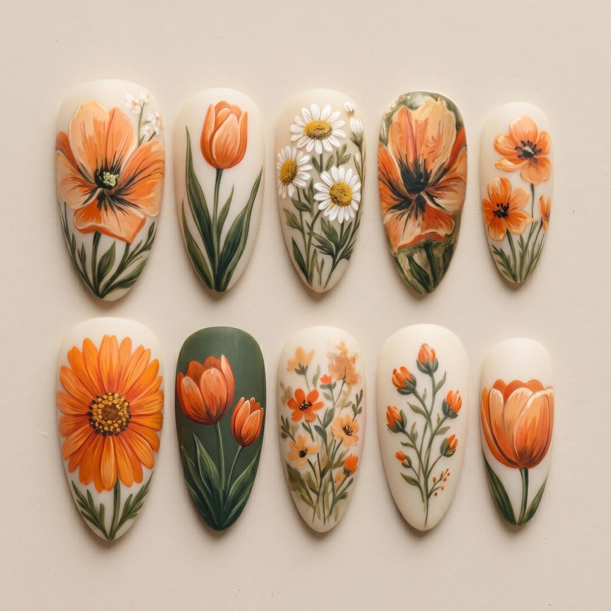 A collection of ten oval-shaped artificial nails, each adorned with detailed floral designs. The nails feature various orange and white flowers, including daisies, tulips, and other blooms, set against a neutral background. The artwork showcases a ra
