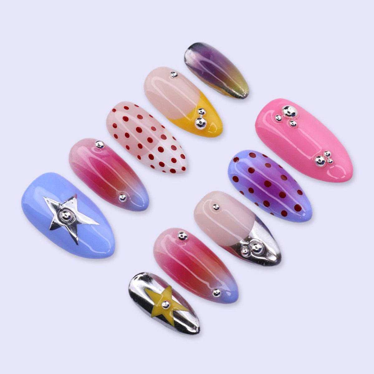 Y2K Colorful Press On Nails with Chrome Star, Polka Dot & Aura Ombre | Medium Almond Fake Nails | Retro Handmade Nails