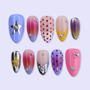 Y2K Colorful Press On Nails with Chrome Star, Polka Dot & Aura Ombre | Medium Almond Fake Nails | Retro Handmade Nails