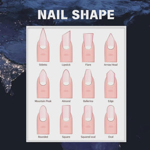 Diagram illustrating various nail shapes, including Stiletto, Lipstick, Flare, and Arrow Head. Other shapes shown are Mountain Peak, Almond, Ballerina, Edge, Rounded, Square, Squared Oval, and Oval. The title "NAIL SHAPE" is at the top.