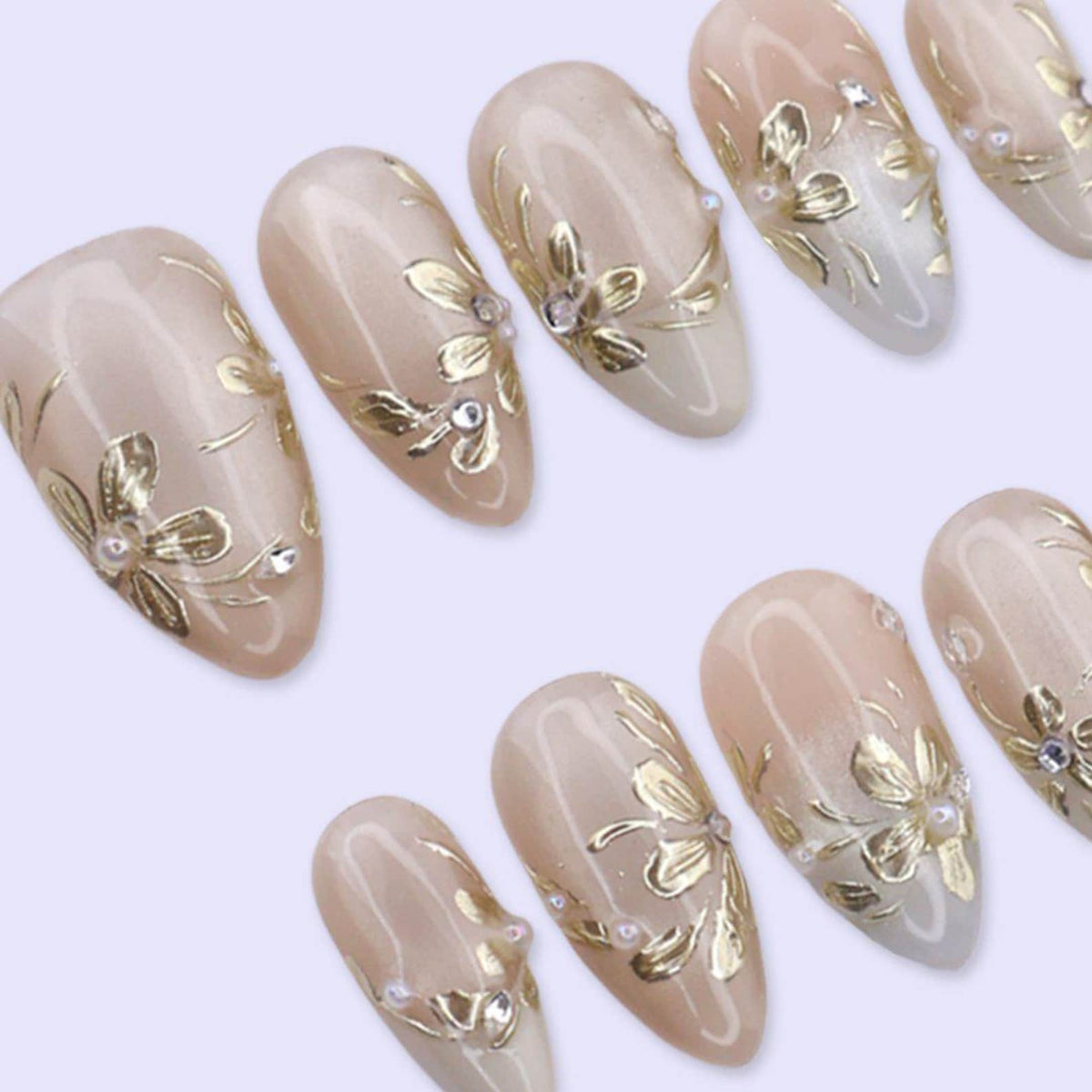 Champagne Gold Floral Press On Nails with Pearl & Rhinestone | Medium Almond Fake Nails | Elegant Prom Handmade Nails