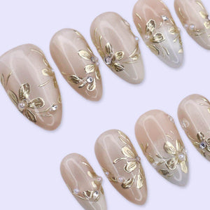 Champagne Gold Floral Press On Nails with Pearl & Rhinestone | Medium Almond Fake Nails | Elegant Prom Handmade Nails