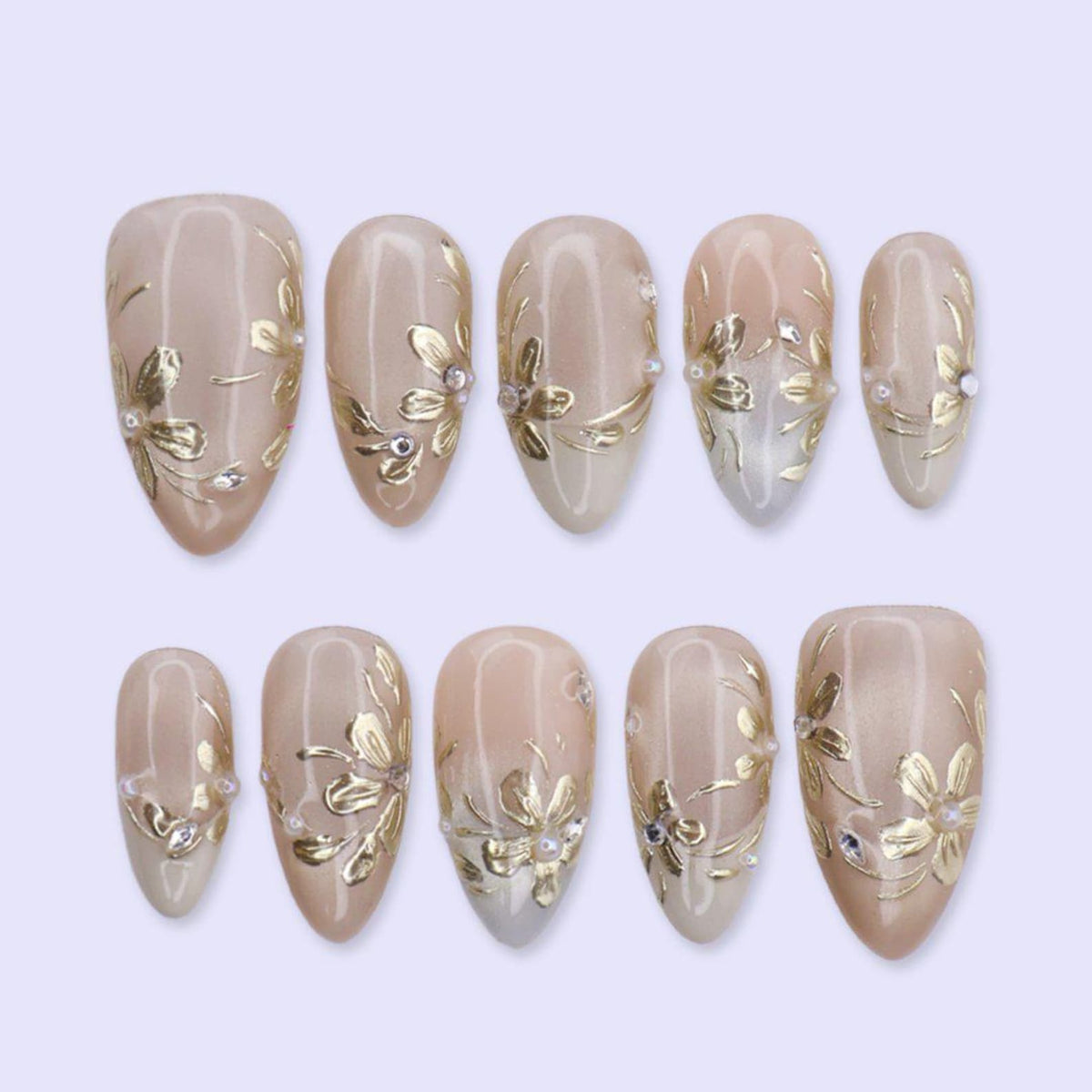 Champagne Gold Floral Press On Nails with Pearl & Rhinestone | Medium Almond Fake Nails | Elegant Prom Handmade Nails