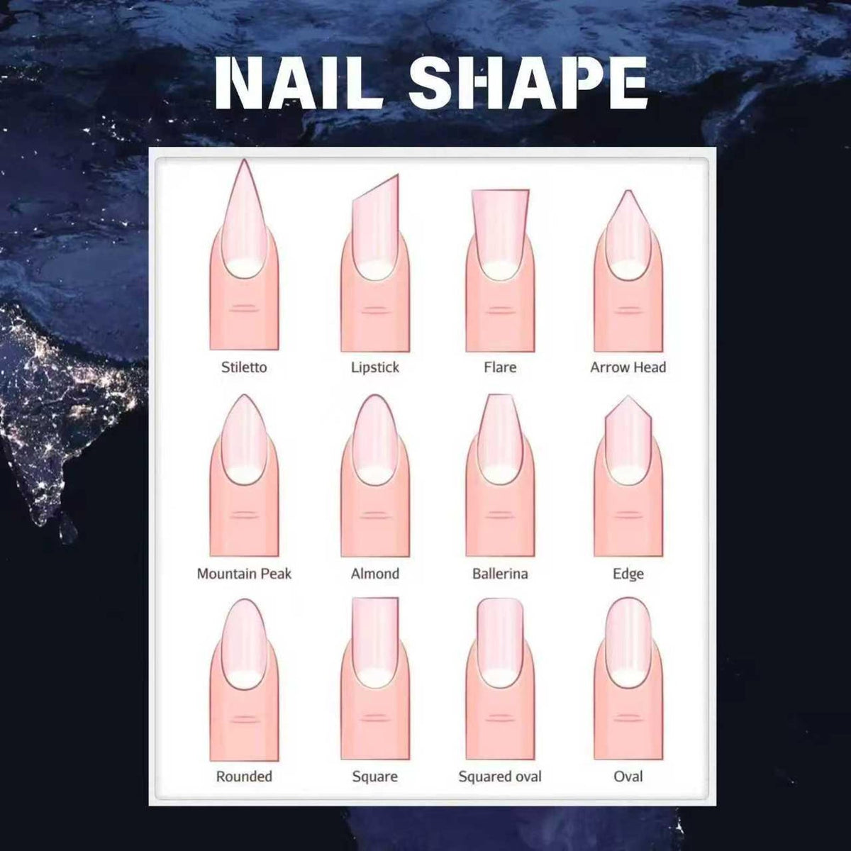 Diagram illustrating various nail shapes, including Stiletto, Lipstick, Flare, and Arrow Head. Other shapes shown are Mountain Peak, Almond, Ballerina, Edge, Rounded, Square, Squared Oval, and Oval. The title "NAIL SHAPE" is at the top.