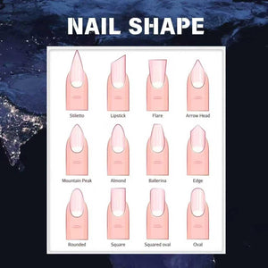 Diagram illustrating various nail shapes, including Stiletto, Lipstick, Flare, and Arrow Head. Other shapes shown are Mountain Peak, Almond, Ballerina, Edge, Rounded, Square, Squared Oval, and Oval. The title "NAIL SHAPE" is at the top.