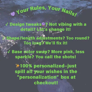 A graphic with the text "Your Rules, Your Nails!" in green. It lists options for nail design customization, including design tweaks, shape/length adjustments, and base color swaps. The text encourages customers to personalize their order.