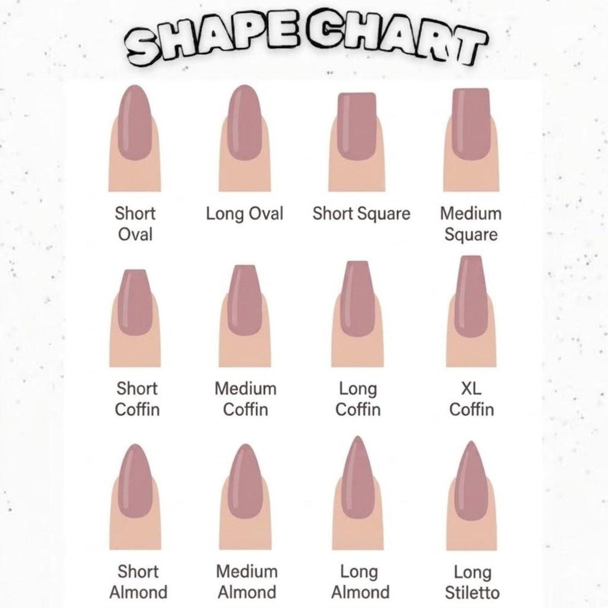 A nail shape chart with the title "SHAPE CHART" at the top. The chart displays various nail shapes, including Short Oval, Long Oval, Short Square, Medium Square, Short Coffin, Medium Coffin, Long Coffin, XL Coffin, Short Almond, Medium Almond, Long A