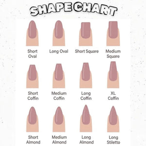 A nail shape chart with the title "SHAPE CHART" at the top. The chart displays various nail shapes, including Short Oval, Long Oval, Short Square, Medium Square, Short Coffin, Medium Coffin, Long Coffin, XL Coffin, Short Almond, Medium Almond, Long A