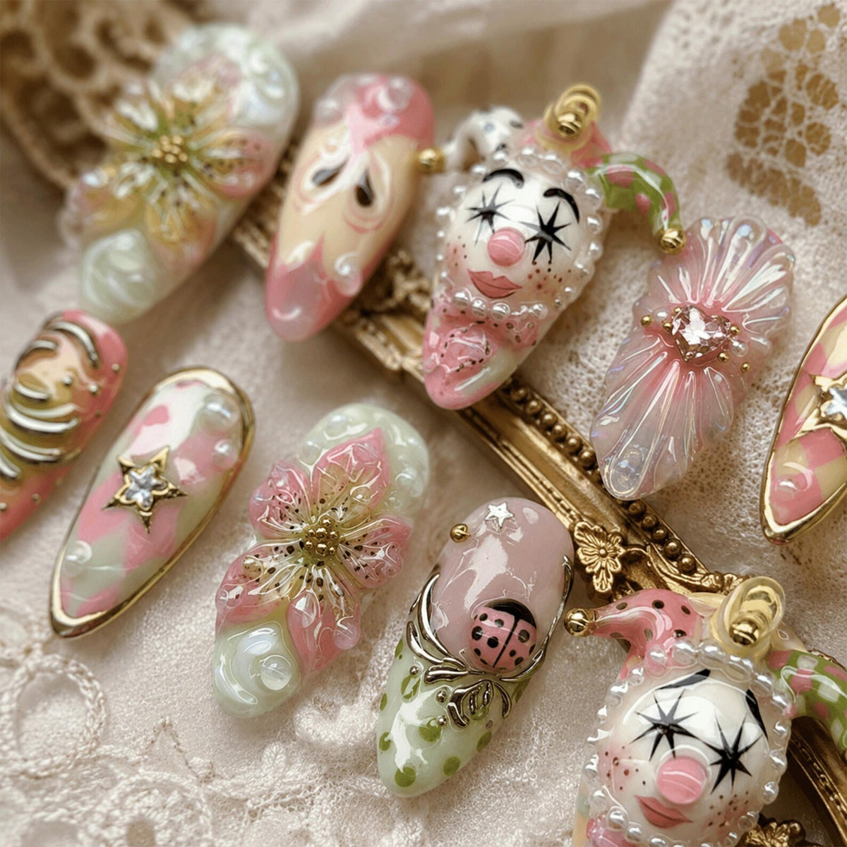 A collection of elaborately designed artificial nails. The nails feature a variety of designs, including floral patterns, a jester face, and a ladybug. Colors include pink, white, gold, and green. Some nails have 3D embellishments.