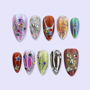 Y2K Press On Nails with Chrome Design And Colorful Gem | Medium Almond Fake Nails | Handmade Nails Art for Festival, Party, Streetwear Looks