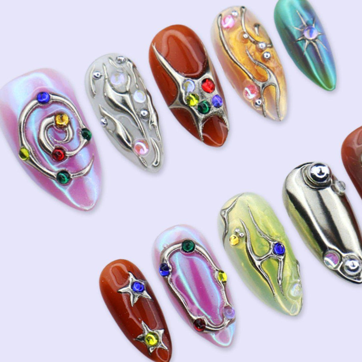 Y2K Press On Nails with Chrome Design And Colorful Gem | Medium Almond Fake Nails | Handmade Nails Art for Festival, Party, Streetwear Looks