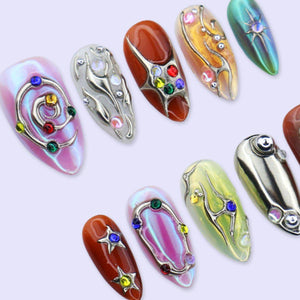 Y2K Press On Nails with Chrome Design And Colorful Gem | Medium Almond Fake Nails | Handmade Nails Art for Festival, Party, Streetwear Looks