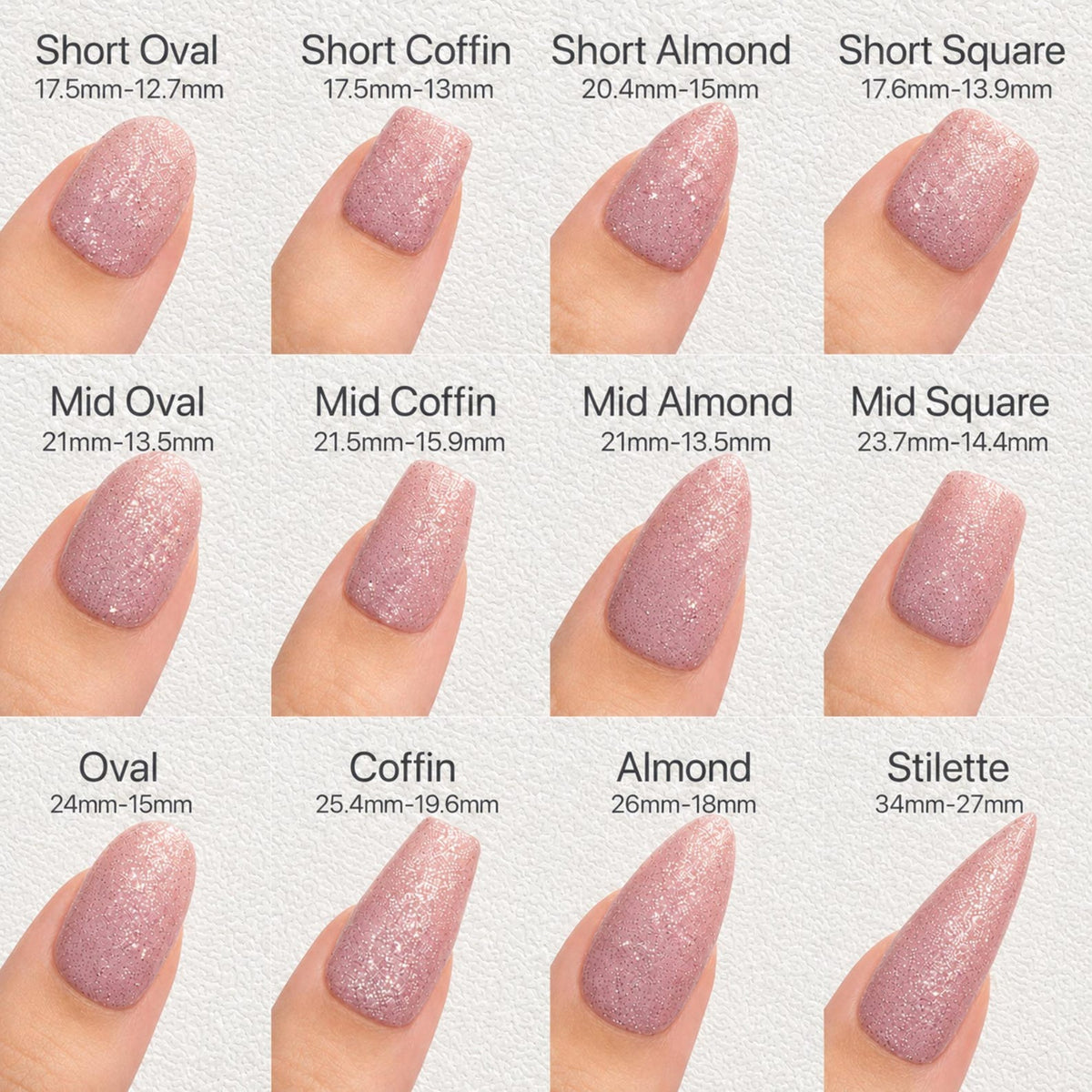 a collection of twelve different nail polish colors, each corresponding to a specific nail shape, such as short oval, short coffin, short almond, short square, mid oval, mid coffin, mid almond, mid sq