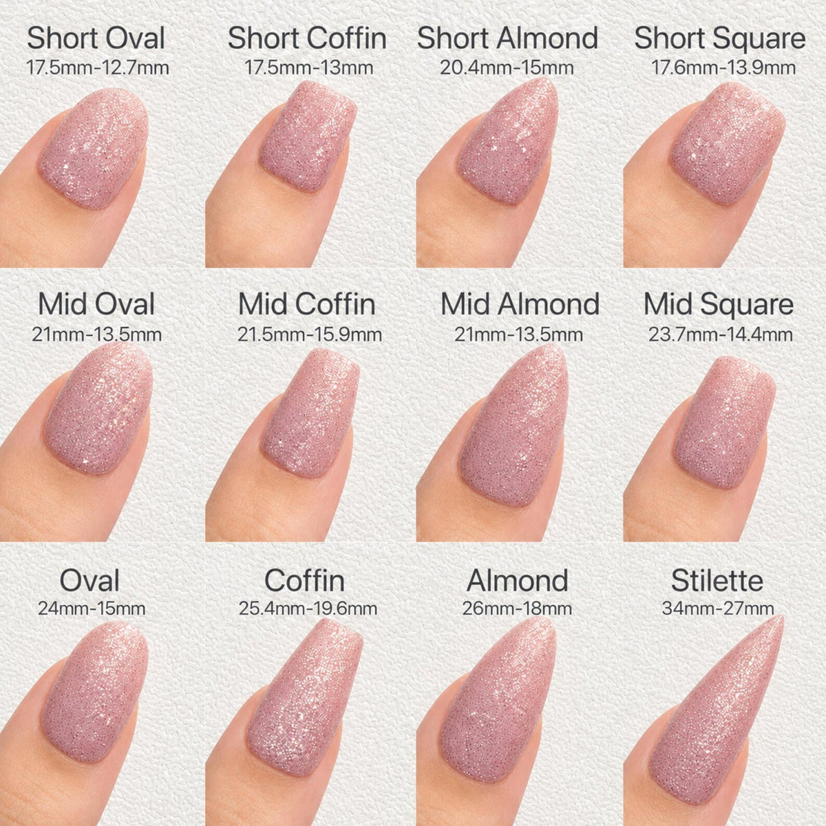 a collection of twelve different nail polish colors, each corresponding to a specific nail shape, such as short oval, short coffin, short almond, short square, mid oval, mid coffin, mid almond, mid sq