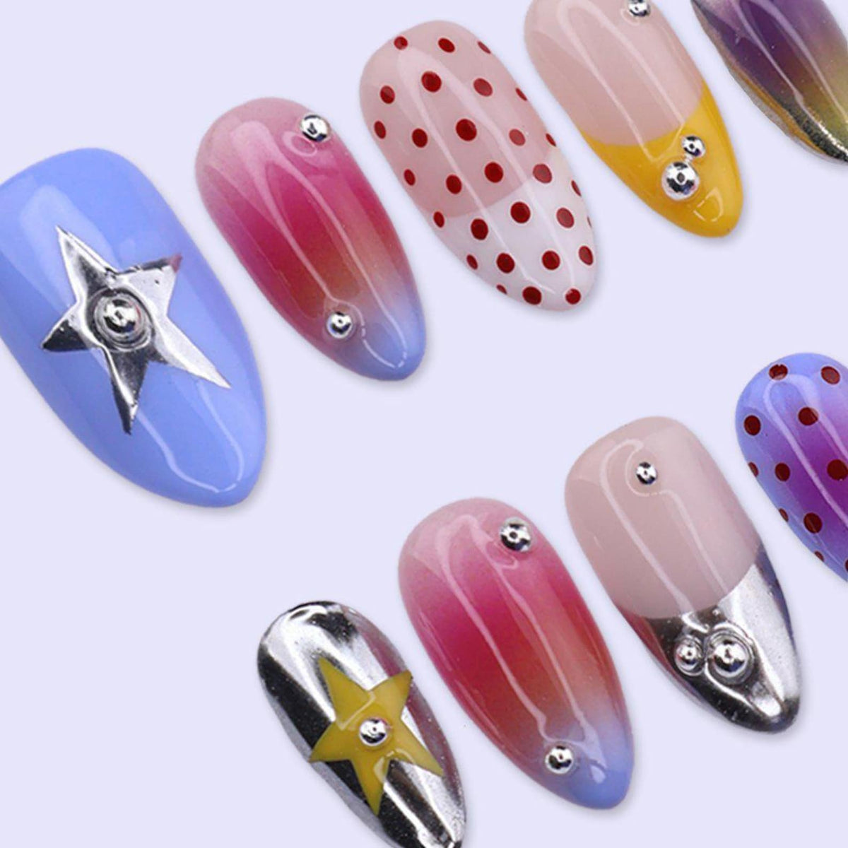 Y2K Colorful Press On Nails with Chrome Star, Polka Dot & Aura Ombre | Medium Almond Fake Nails | Retro Handmade Nails
