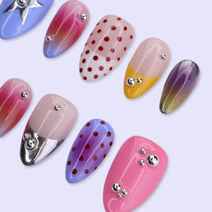 Y2K Colorful Press On Nails with Chrome Star, Polka Dot & Aura Ombre | Medium Almond Fake Nails | Retro Handmade Nails