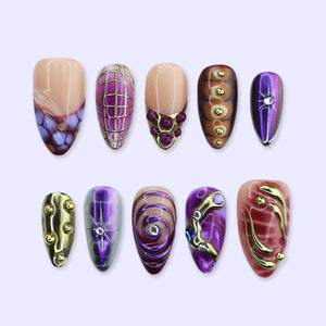 Y2K Press On Nails with Purple & Gold Chrome, Aura Swirl Art | Medium Almond Fake Nails | Handmade Nail Art for Party, Glam Looks