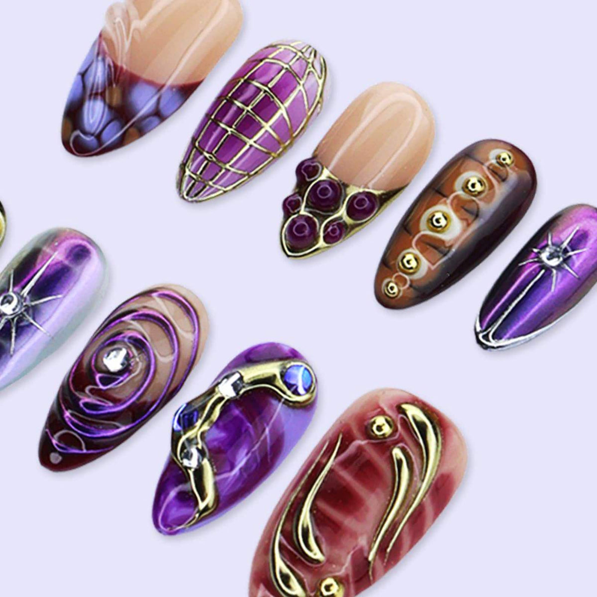 Y2K Press On Nails with Purple & Gold Chrome, Aura Swirl Art | Medium Almond Fake Nails | Handmade Nail Art for Party, Glam Looks