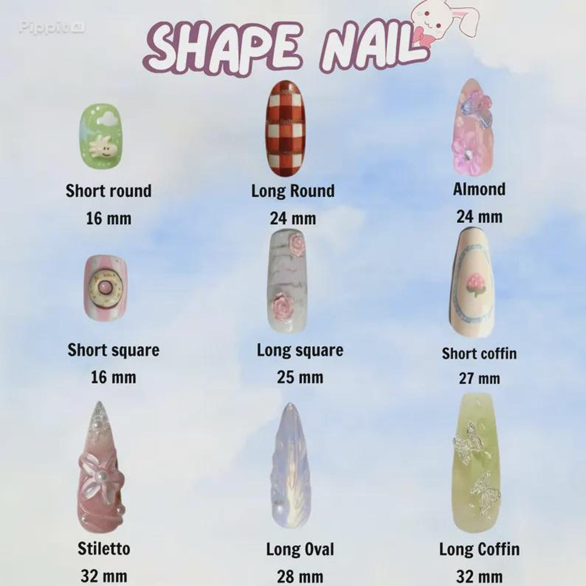 A SHAPE NAIL chart displaying nine artificial nail tips with various designs and shapes. Labels include Short round 16 mm, Long Round 24 mm, Almond 24 mm, Short square 16 mm, Long square 25 mm, Short coffin 27 mm, Stiletto 32 mm, Long Oval 28 mm, and