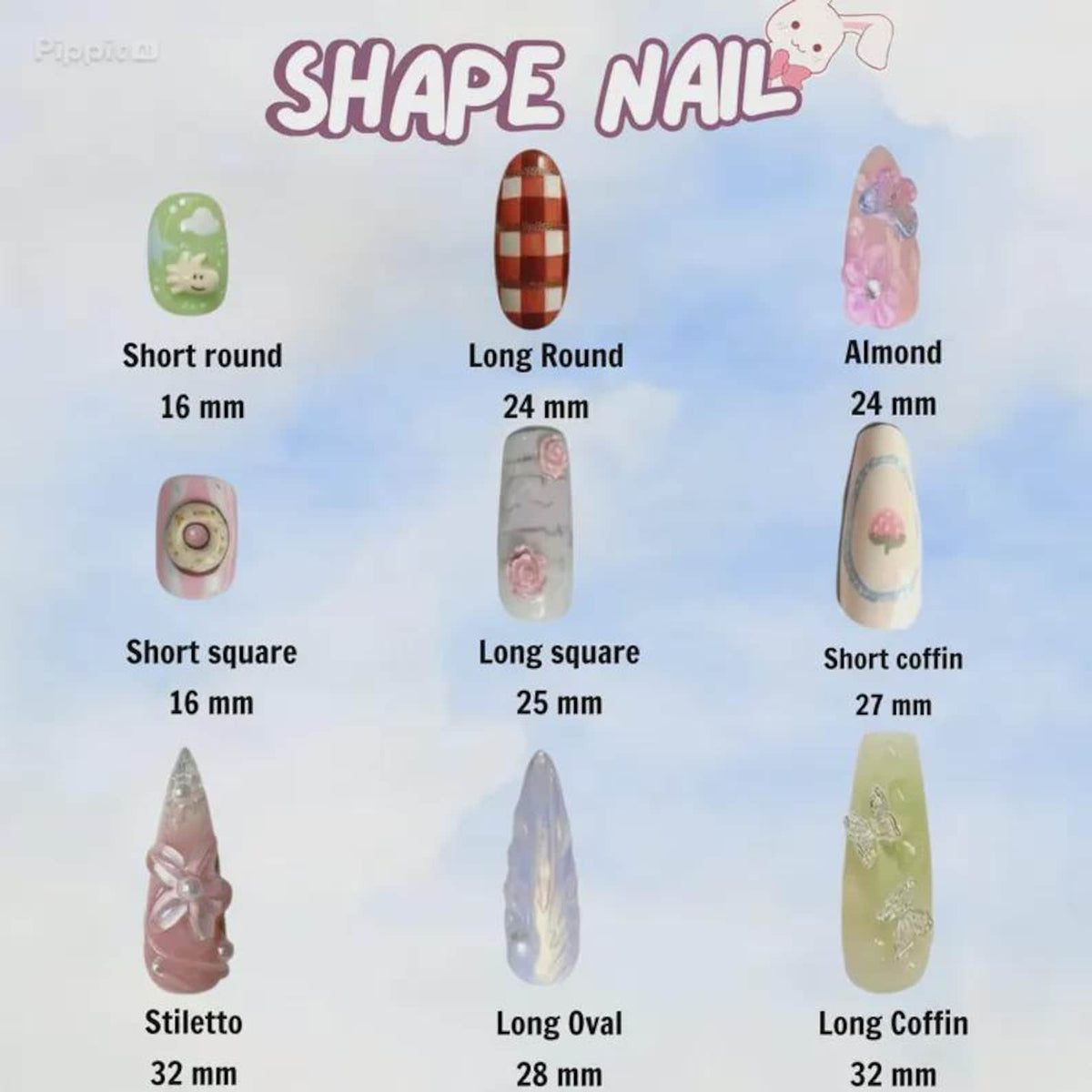A SHAPE NAIL chart displaying nine press-on nail styles with various designs and lengths. The chart includes short round 16 mm, long round 24 mm, almond 24 mm, short square 16 mm, long square 25 mm, short coffin 27 mm, stiletto 32 mm, long oval 28 mm
