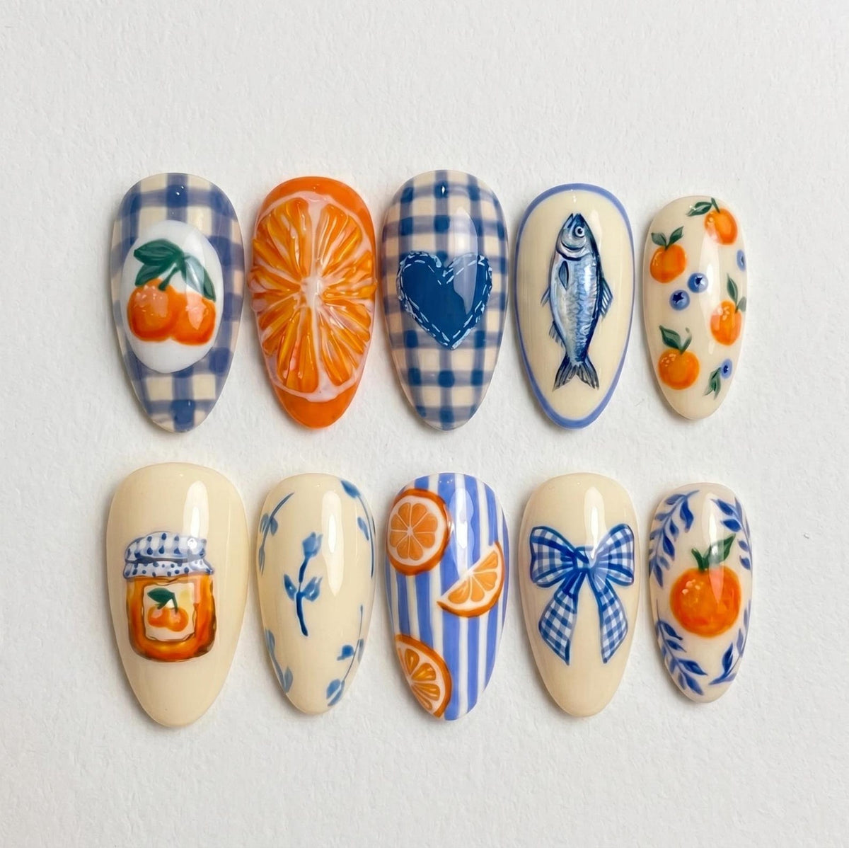 Mediterranean Sardine Orange Nails, Coastal Italian Summer Nails, Blue Gingham Fruit Nails, Amalfi Coast Nail image 1
