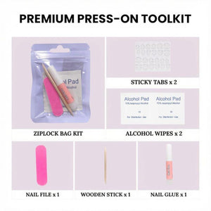 A premium press-on toolkit containing a ziplock bag kit, two sheets of sticky tabs, two alcohol wipes, one pink nail file, one wooden stick, and one tube of nail glue. The kit includes all necessary components for applying press-on nails.