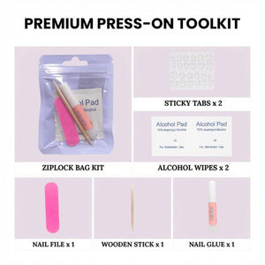 A premium press-on toolkit containing a ziplock bag kit, two sheets of sticky tabs, two alcohol wipes, one pink nail file, one wooden stick, and one tube of nail glue. The set includes all necessary components for nail application.