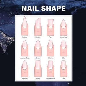 An illustration of various nail shapes, including Stiletto, Lipstick, Flare, and Arrow Head. Other shapes shown are Mountain Peak, Almond, Ballerina, Edge, Rounded, Square, Squared Oval, and Oval. The text "NAIL SHAPE" is at the top.